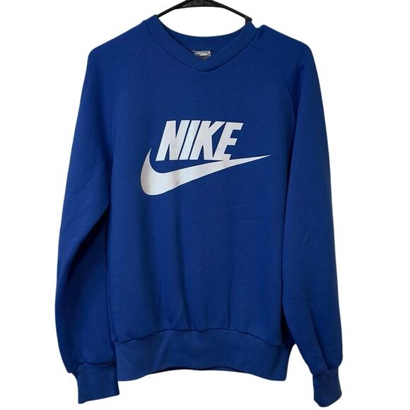 VTG 80s Nike Gray Label Crewneck Sweatshirt Size S Blue White Big Swoosh Logo - Picture 1 of 8